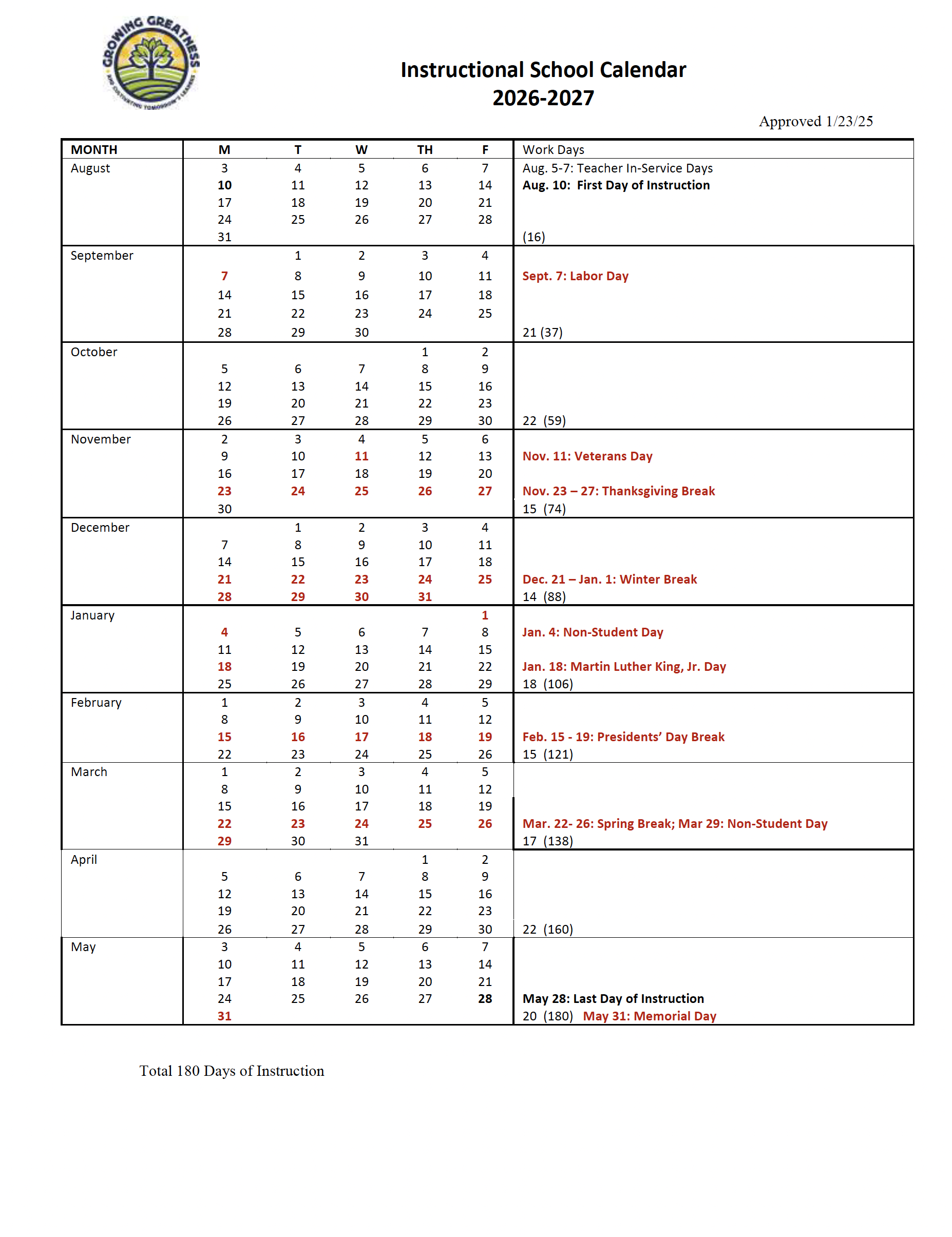 Instructional School Calendar